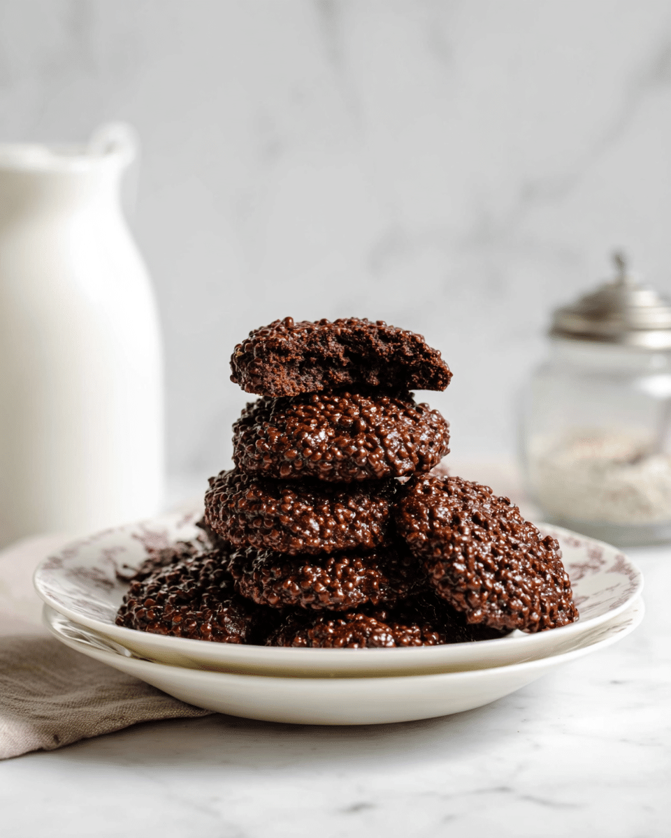 A white plate holds a stack of nine chocolate cookies with a rough, bumpy texture from visible quinoa seeds; the cookies are layered unevenly with one cookie split in half and placed on top, showing a chewy inside. The plate is placed on top of a white bowl, which sits on another white plate, all against a white marbled surface. In the background, there is a frosted glass bottle and a pepper grinder, both slightly blurred. Photo taken with an iphone --ar 4:5 --v 7