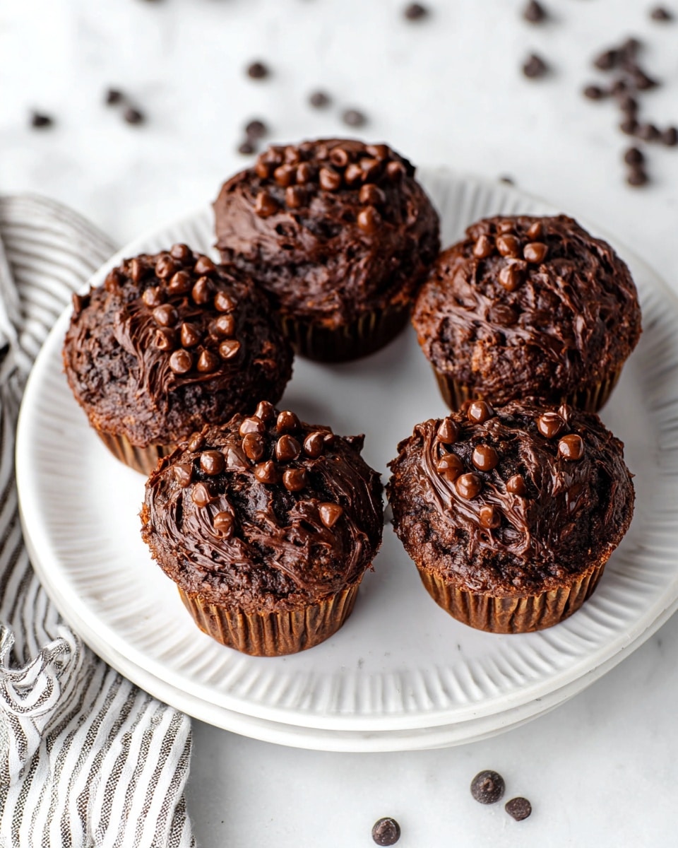 The image shows four dark chocolate muffins placed on a white ridged plate, all with a rich, moist texture and studded with chocolate chips on top. Each muffin has a slightly uneven, shiny surface with bits of chocolate chips embedded, adding texture and contrast of glossy and matte dark brown shades. The muffins have a thick base with visible muffin paper liners, and the close-up focus highlights the uneven peaks and swirls on each muffin’s top. The plate is set against a white marbled background, making the dark muffins stand out clearly. photo taken with an iphone --ar 4:5 --v 7