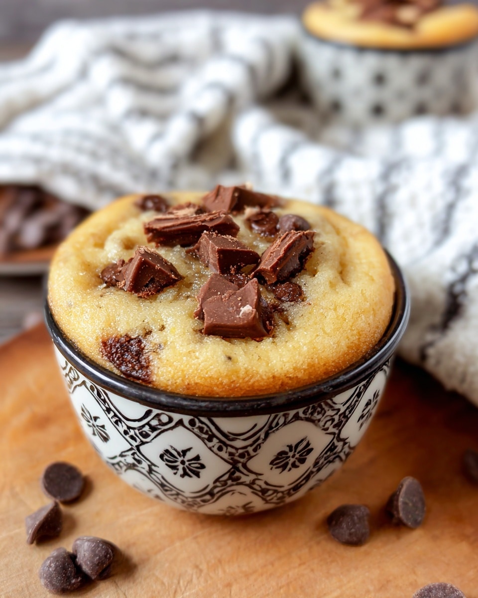 A single-layer light golden cookie cup with a soft texture visible, baked in a white cup decorated with black floral and geometric patterns, topped with melting chunks of milk chocolate scattered unevenly on top. The cup is sitting on a wooden surface with scattered dark chocolate chips around and a white cloth with black stripes placed loosely nearby. Another similar cookie cup is blurred in the background on the same wooden surface. photo taken with an iphone --ar 4:5 --v 7