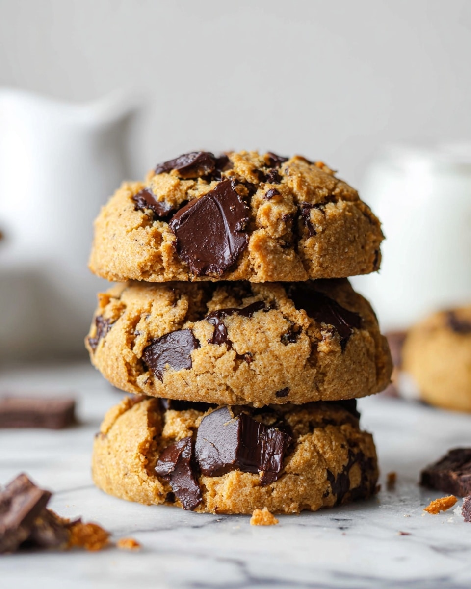 A close-up image of a stack of three thick, chunky chocolate chip cookies. Each cookie has a golden brown color with a rough, crumbly texture filled with large, dark melted chocolate chunks and chips scattered throughout. The cookies are stacked vertically on a white marbled surface, with some scattered chocolate crumbs and pieces nearby. The background is blurred white, with a white container faintly visible in the back. photo taken with an iphone --ar 4:5 --v 7