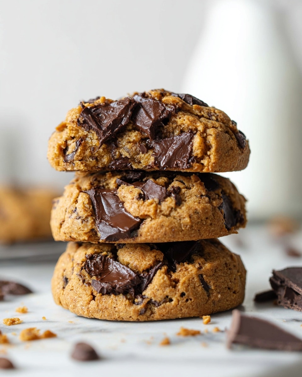 A close-up view of a stack of three thick, chunky chocolate chip cookies placed directly on a white marbled surface. Each cookie has a rough, crumbly texture with visible large dark chocolate chunks and chips embedded evenly throughout the golden-brown dough. The cookies appear soft and slightly gooey where the chocolate is melted. Small cookie crumbs and chocolate pieces are scattered around the base of the stack, adding to the rustic feel. In the blurred background, a white pitcher and a small white bowl can be seen, keeping the focus on the cookies. photo taken with an iphone --ar 4:5 --v 7