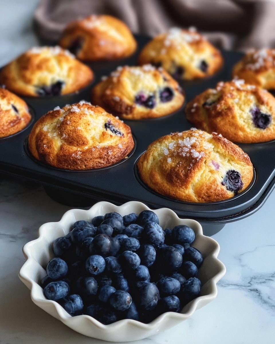 A white plate holds seven golden-brown blueberry muffins, each with a slightly cracked top showing soft, light yellow inside and scattered deep purple blueberries both embedded and partially visible on the surface. Around the muffins, a few whole blueberries rest on the plate. The plate is set against a mostly blurred background with warm light coming from the left side, highlighting the muffins' texture and colors. The scene is simple and focuses on the muffins' fluffy, slightly uneven tops with a rustic look. Photo taken with an iphone --ar 4:5 --v 7