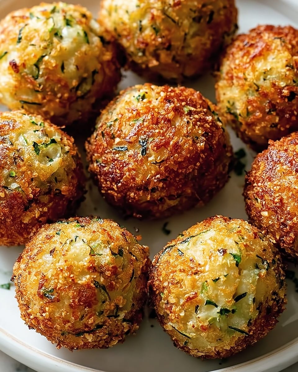 A close-up view of six round, golden-brown fritters with a crispy, textured surface revealing small bits of green herbs and pale shredded vegetables inside, all resting closely together on a white plate. The fritters have a crunchy outer layer with slight charring and varying shades of golden to darker caramelized brown, showing the crispy frying texture. The background is a white marbled surface with a soft focus that highlights the warm, inviting colors and details of the fritters. photo taken with an iphone --ar 4:5 --v 7
