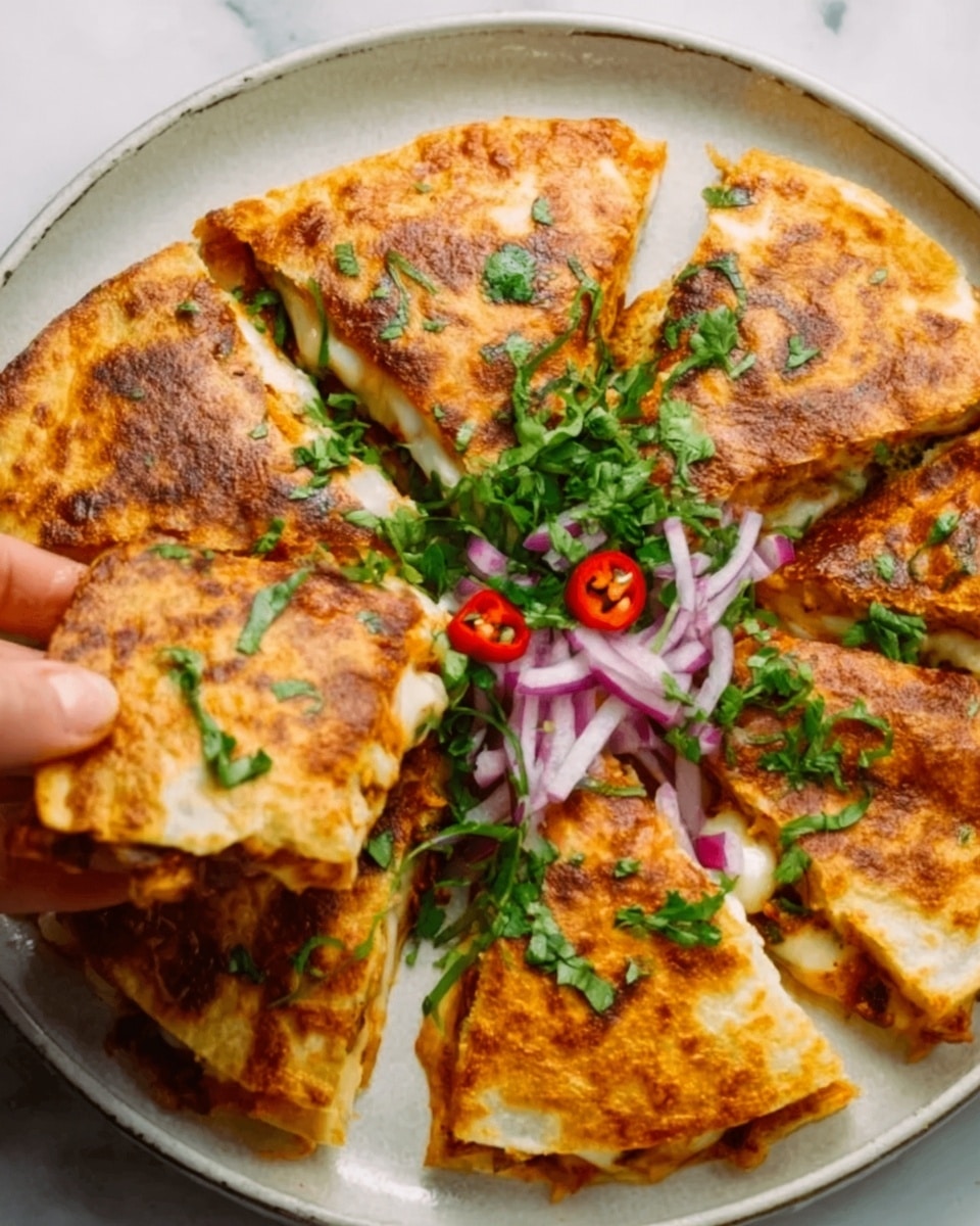 A round white plate holds a sliced quesadilla cut into eight triangular pieces, each piece showing a golden-brown crispy layer with melted cheese oozing out slightly. On top of the quesadilla, there is a small pile of fresh green cilantro leaves, thin slices of red onion, and small red chili pieces, adding bright color and texture contrast. A woman's hand is lifting one slice, showing the melted cheese stretching. The background is a white marbled texture. Photo taken with an iphone --ar 4:5 --v 7