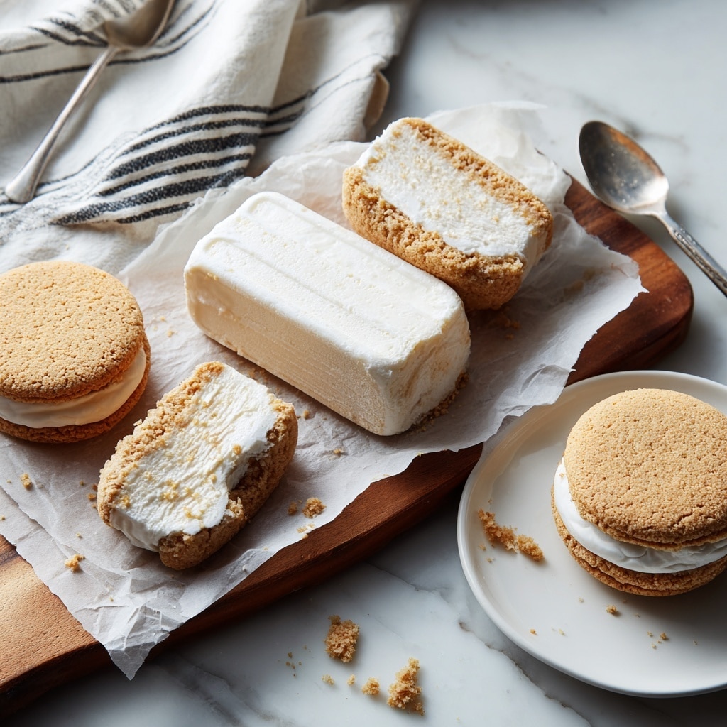 A wooden board lined with crinkled parchment paper holds a coconut ice block cut into three thick white pieces with a shiny, creamy texture on top and sides. In front, there are two round shortbread-like cookies with a pale beige color, sandwiched with the same white creamy filling oozing slightly from the middle. To the right, a white plate shows one full sandwich cookie and another half-eaten one with crumbly texture inside. The scene is set on a white marbled surface with a folded white and black striped cloth nearby, and a spoon resting partly on the plate. Photo taken with an iphone --ar 4:5 --v 7