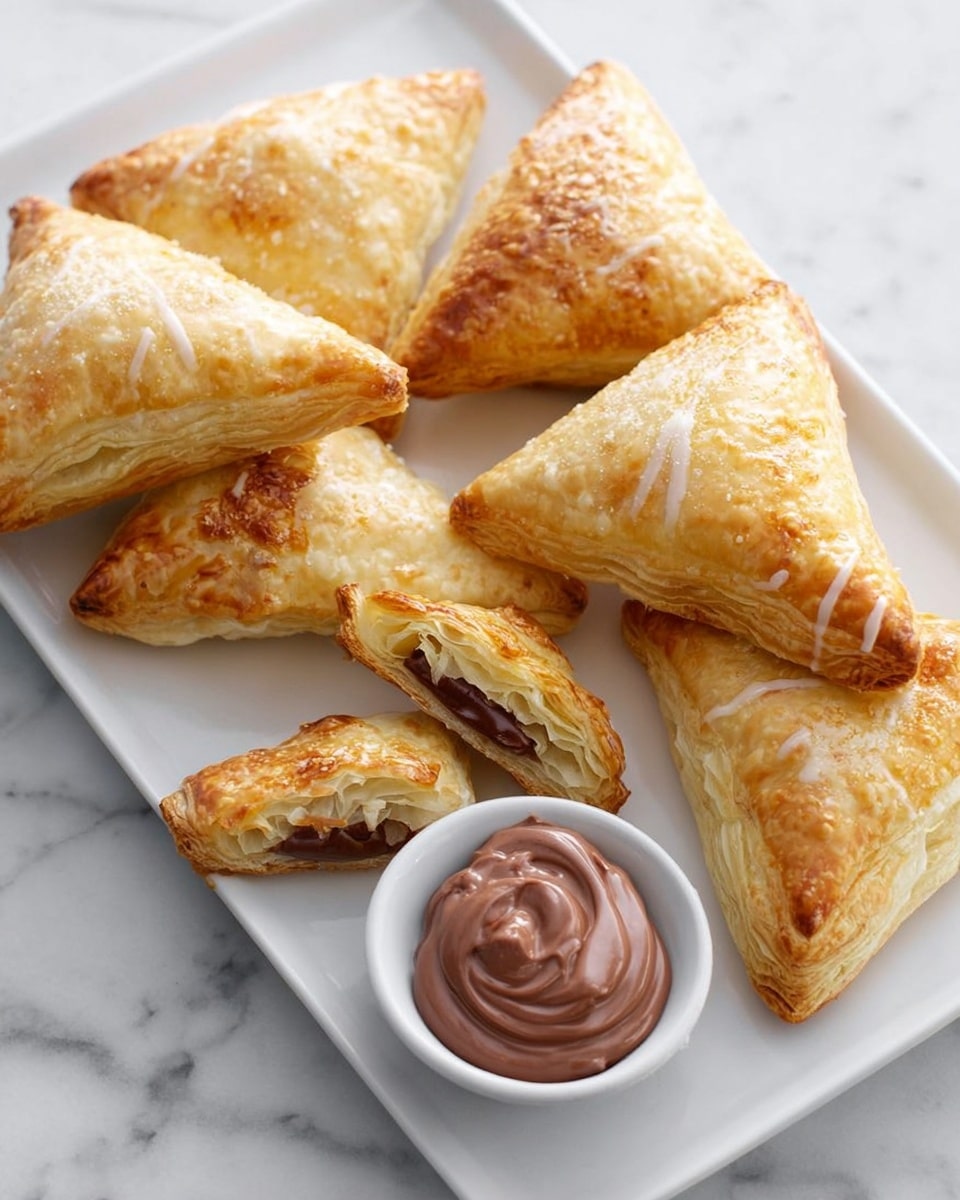 A white rectangular plate holds eight golden-brown triangular puff pastries arranged casually. The pastries show many layers of flaky dough with a slight shine and some white glaze drizzled on top. Two of the pastries are broken open to reveal a smooth and creamy chocolate filling inside. Next to the pastries, there is a small white bowl filled with thick, glossy chocolate spread. All of this is set on a white marbled surface with light and dark gray veins. photo taken with an iphone --ar 4:5 --v 7