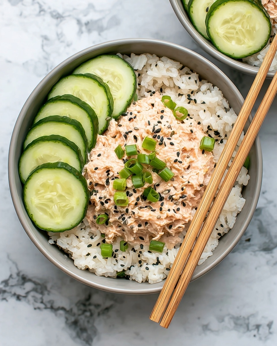 The dish is served in a round white bowl with three layers. The bottom layer is white rice mixed with black and white sesame seeds, creating a speckled texture. The middle layer is a creamy, light orange mixture placed in the center of the rice, with a slightly chunky texture. On top of this creamy layer, there are small pieces of chopped green onions scattered evenly. Along one side of the bowl, there is a row of thin, round cucumber slices sprinkled with black and white sesame seeds. A pair of light brown wooden chopsticks rest on the edge of the bowl, angled across it. The bowl sits on a white marbled surface. photo taken with an iphone --ar 4:5 --v 7
