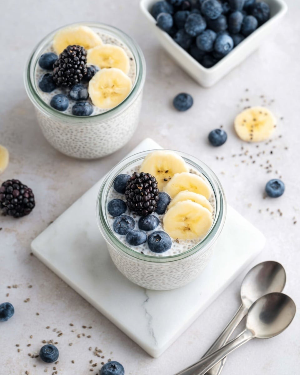 Two glass jars each hold a creamy white chia pudding base speckled with small, translucent chia seeds. At the top of each jar, there is one circular pale yellow banana slice, surrounded by several small, round blue blueberries and one dark purple blackberry, all resting neatly on the pudding surface. One jar is placed on a white marble square coaster, while the other is directly on a white marbled background scattered with extra loose blueberries, banana slices, and blackberries. Nearby, there is a white square bowl filled with blueberries on the top right and two silver spoons lying side by side on the bottom left. The overall setting is bright with a soft light coming from above, showing details clearly. Photo taken with an iphone --ar 4:5 --v 7