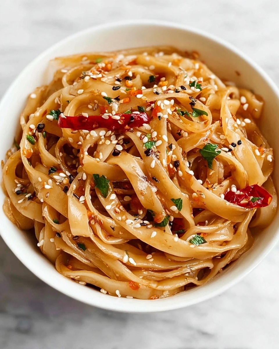 A close-up view of a white bowl filled with broad, flat noodles that are glossy and coated in a light brown, slightly oily sauce. The noodles are mixed with small red chili pieces and sprinkled with white and black sesame seeds, adding texture and color. There are also tiny green herb bits scattered throughout, giving a fresh touch. The noodles are piled high in the bowl, twisting and overlapping each other, with a few chili pieces standing out on top. The bowl sits on a white marbled surface. photo taken with an iphone --ar 4:5 --v 7