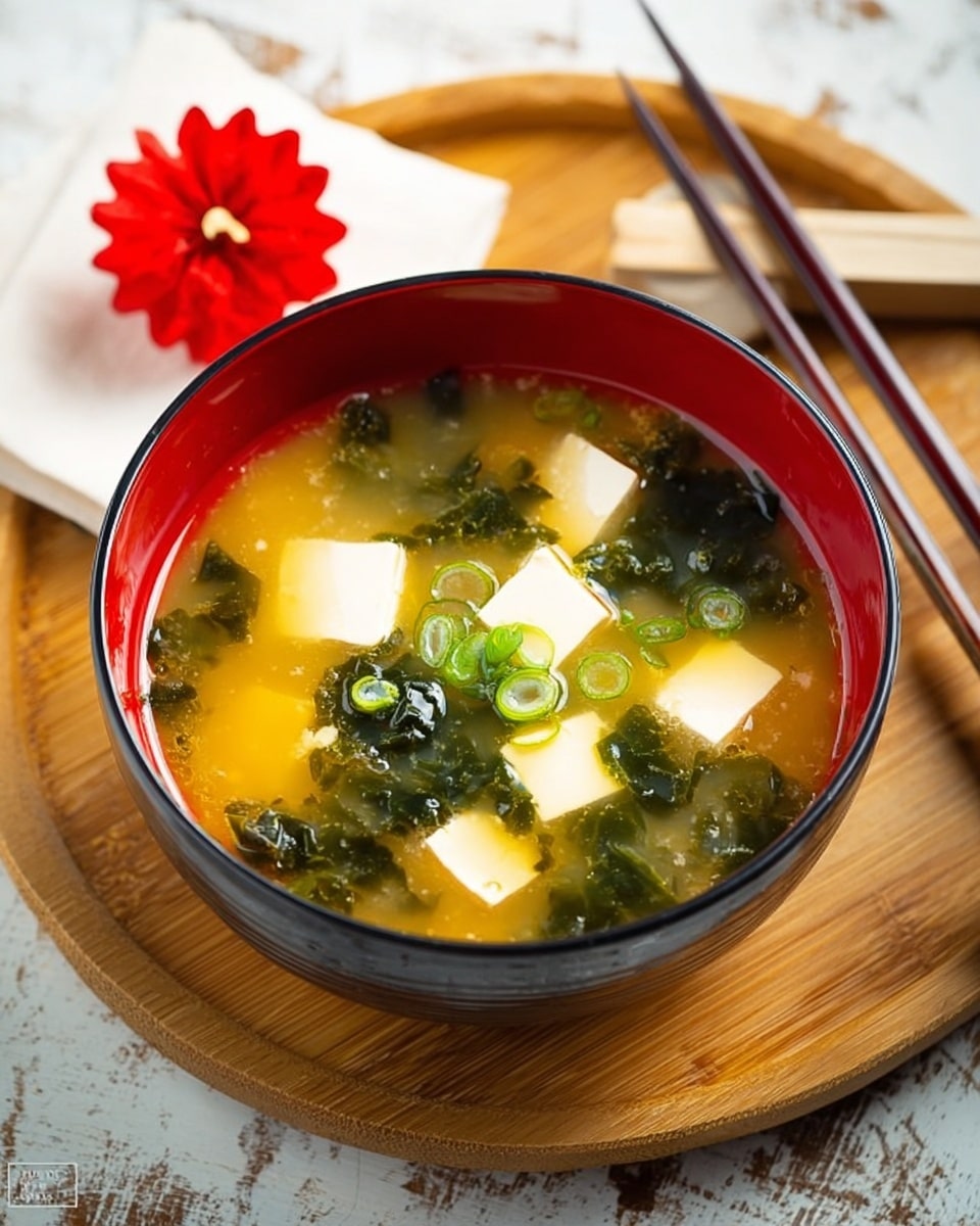 A red bowl filled with clear, light brown broth with visible small cubes of off-white tofu, dark green seaweed pieces, and thin green onion slices floating on top, sitting on a wooden plate with a pair of red, patterned chopsticks beside it, all set on a white marbled surface. Another bowl with a similar soup is partially visible in the top left corner. photo taken with an iphone --ar 4:5 --v 7