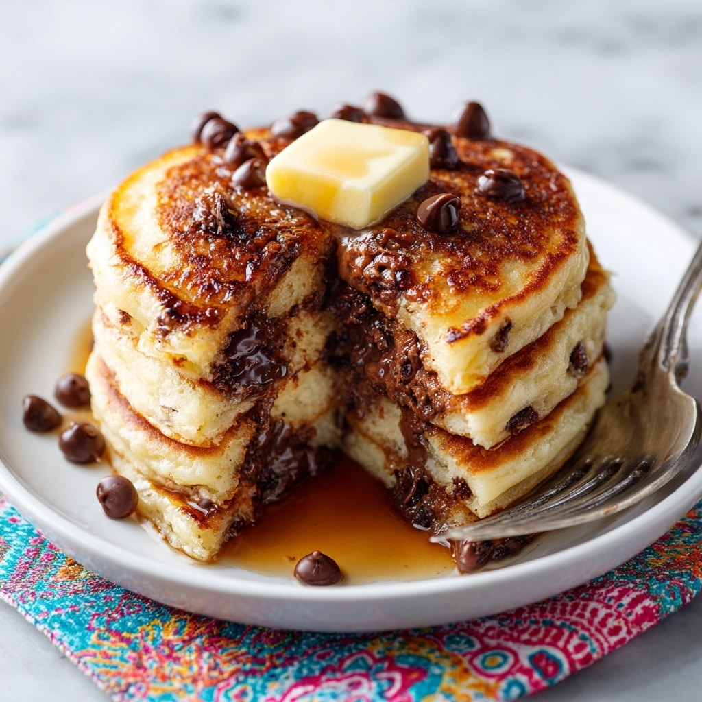 A stack of three thick, golden-brown pancakes with visible chocolate chips inside, topped with a small square of melting butter and several loose chocolate chips scattered on top. The pancakes have a moist, soft texture with some melted chocolate oozing out near the fork that is cutting into the bottom pancake, exposing a gooey chocolate filling. The stack sits on a simple white plate, resting on a colorful patterned cloth, all set against a white marbled background. photo taken with an iphone --ar 4:5 --v 7