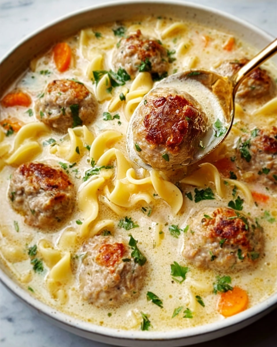 The image shows a close-up of a creamy soup with round meatballs floating in it. The soup has a pale yellow color with orange carrot slices and some green herbs sprinkled on top for decoration. There are wide, soft egg noodles mixed evenly throughout, adding a chewy layer to the dish. The meatballs are browned with a slightly crispy outer layer, placed evenly in the soup to show their round shape clearly. A white spoon holds one meatball in the center, showing the texture and size against the smooth soup. The whole dish is set on a white marbled surface. Photo taken with an iphone --ar 4:5 --v 7