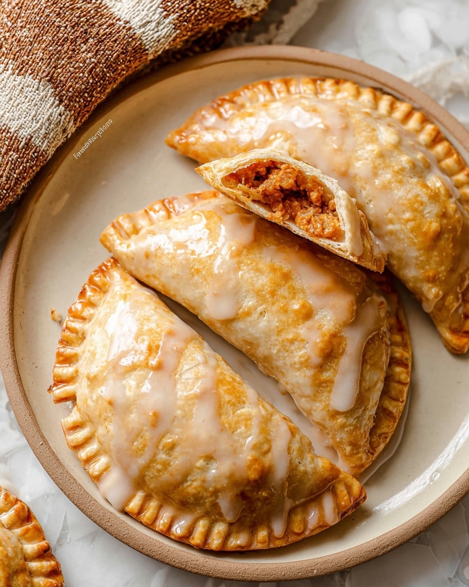 Three half-moon shaped pastries with a golden-brown, flaky crust are arranged on a white plate with a beige rim, sitting on a white marbled surface. The top pastry is broken in half, revealing a soft, orange-brown filling inside with a slightly crumbly texture. Each pastry is covered with a shiny, light beige glaze that drips slightly on the edges. There is a textured, brown and white cloth partially visible in the top left corner. Photo taken with an iphone --ar 4:5 --v 7