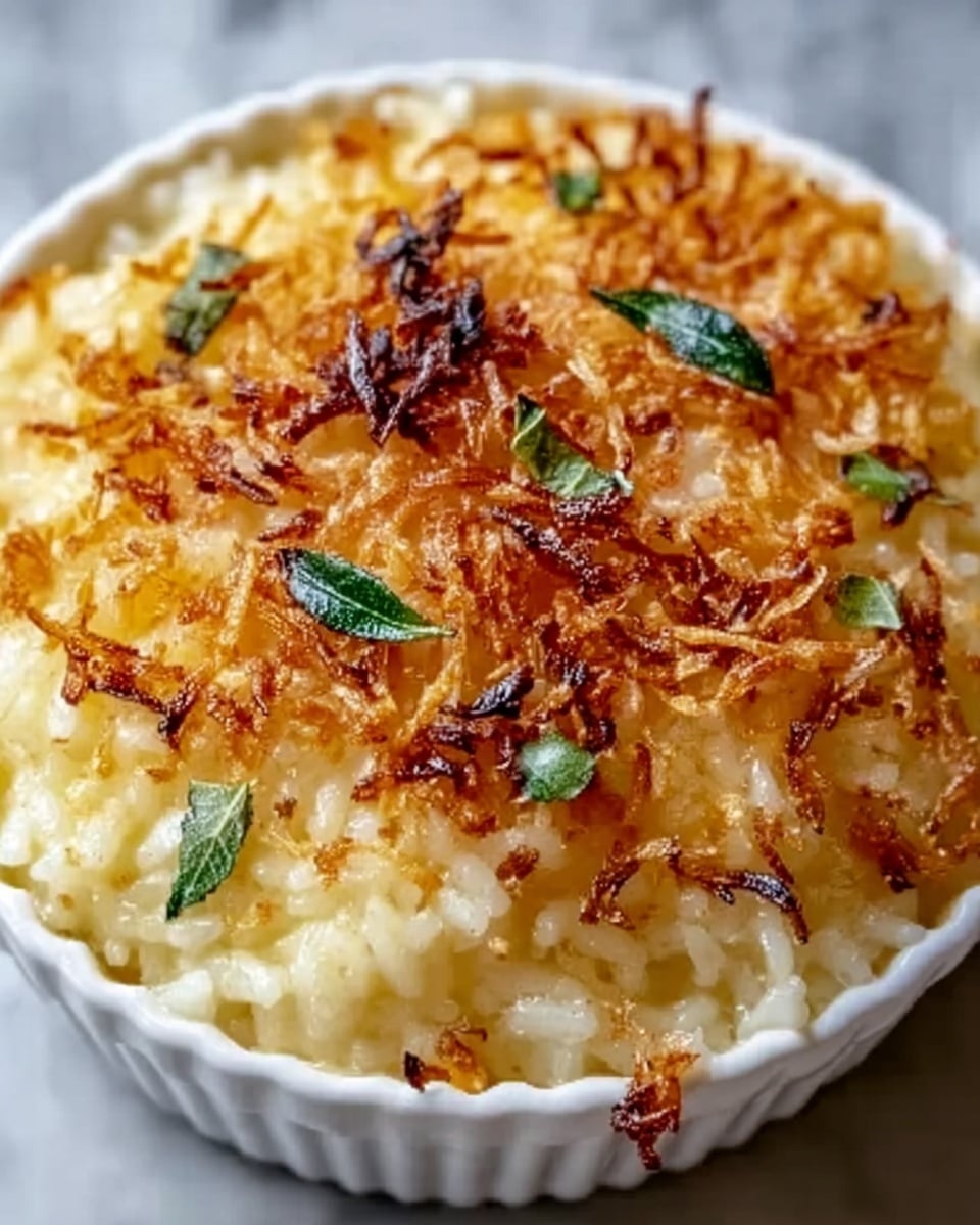 The image shows a close-up of a white bowl filled with creamy rice topped with a golden brown crispy layer of fried onions and small green herb leaves scattered on top. The rice looks soft and moist with a light yellow tint, and the crispy onion layer has a crunchy texture with some darker brown spots. The bowl is placed on a white marbled surface, giving the scene a clean and bright feel. Photo taken with an iphone --ar 4:5 --v 7