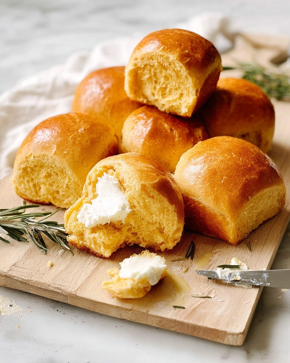 A group of seven golden brown, soft dinner rolls rests on a light wooden cutting board. One roll is torn open in the front center, showing a fluffy, airy inside with a dollop of white butter melting on the torn piece. The rolls have a smooth, shiny crust with a slightly cracked texture on top. To the right, a knife with a small amount of butter is lying on the table, and sprigs of fresh green rosemary lay next to the cutting board. The entire scene is set on a white marbled surface. Photo taken with an iphone --ar 4:5 --v 7