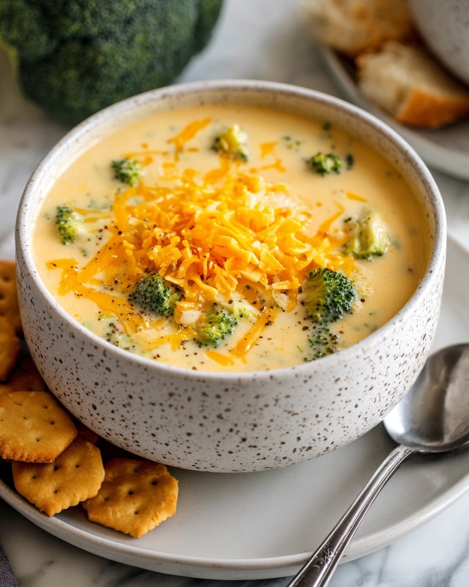 A white speckled bowl filled with creamy broccoli cheese soup sits on a white plate, which rests on a white marbled surface. The soup has a thick, smooth pale yellow base with small, bright green broccoli florets scattered throughout. On top, there is a generous heap of shredded orange cheddar cheese melting slightly into the soup. Around the bowl are a few hexagonal oyster crackers, and to the side, part of a silver spoon is visible. In the background, there is a blurred broccoli head and a torn piece of bread. photo taken with an iphone --ar 4:5 --v 7