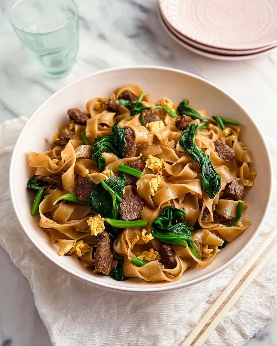 A gray stone wok filled with three layers of food: at the bottom is a light brown sauce coating flat, wide noodles; spread over the noodles are medium-brown cooked beef pieces and bright green cooked leafy vegetables; and small bits of yellow scrambled egg are scattered on top. Two wooden utensils, one spatula and one fork, are held by a woman's hand, stirring the mixture. The wok is placed on a small portable stove on a white marbled surface. Photo taken with an iphone --ar 4:5 --v 7