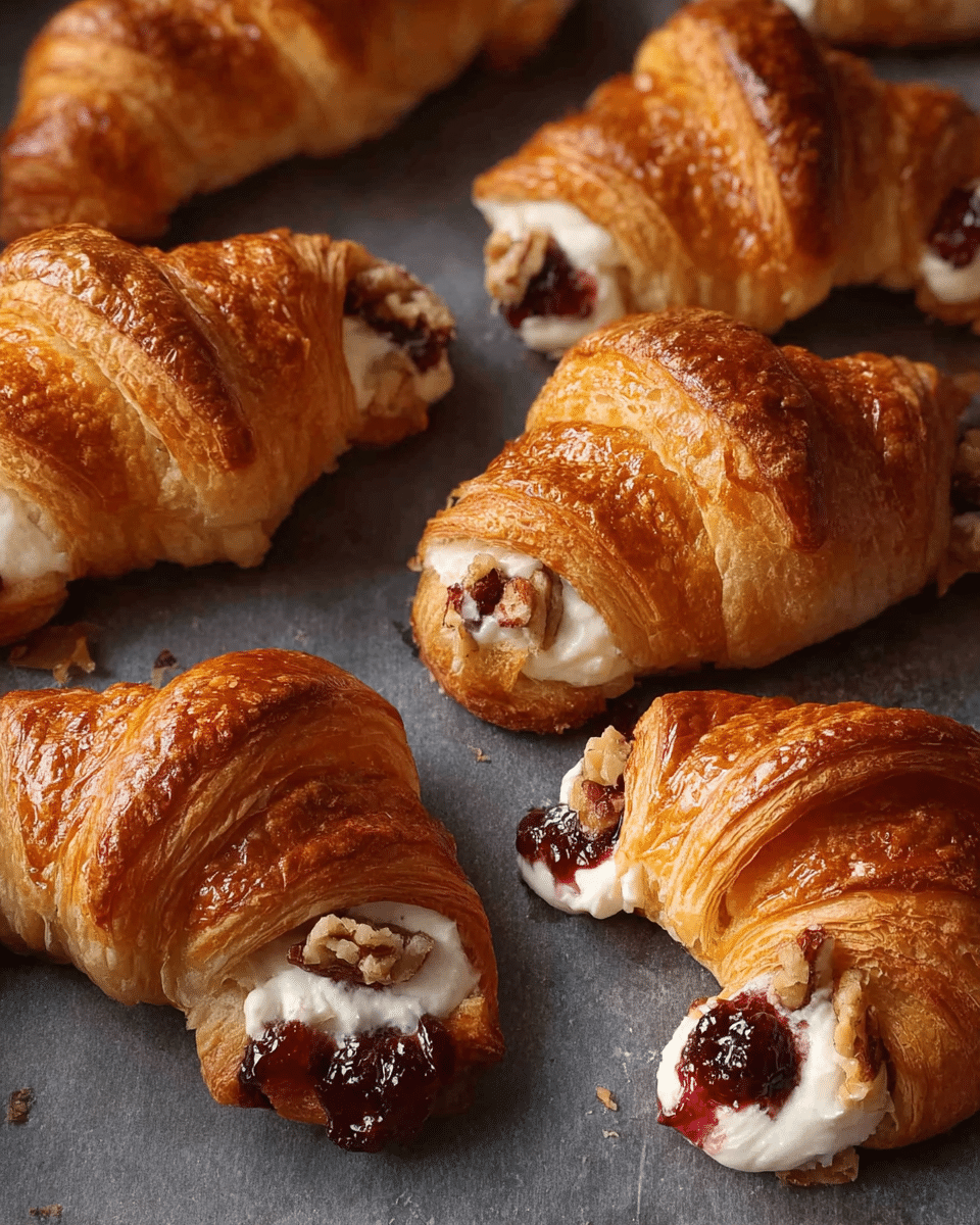 A tray filled with twelve small, golden-brown croissants shows a soft, flaky texture with shiny, slightly crisp tops. Each croissant is sliced open, revealing a layer of white creamy filling inside along with pieces of red fruit, likely cranberries or cherries, peeking out from one side. The croissants are neatly arranged in rows on a baking sheet with a grey non-stick surface. The background is a white marbled texture. photo taken with an iphone --ar 4:5 --v 7