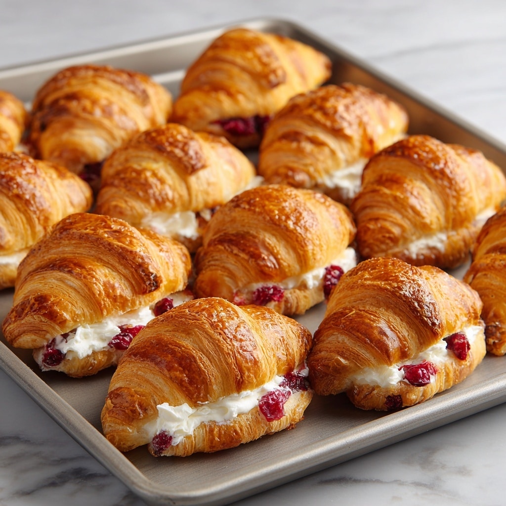 Several small golden-brown croissants with shiny, crispy crusts are arranged on a gray baking sheet, each filled with white creamy filling and visible dark red fruit jam, with some showing bits of crunchy nuts inside the jam. The croissants have multiple flaky layers, giving a textured look, and the filling peeks out from the middle ends. photo taken with an iphone --ar 4:5 --v 7