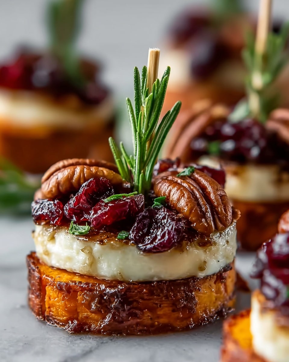 A close-up of a single round appetizer stacked in three layers on a white marbled surface: the bottom layer is a thick slice of golden-brown roasted sweet potato with a crispy edge, the middle layer is a smooth, creamy white melted cheese, and the top layer is a mix of glossy dark red dried cranberries, whole toasted brown pecans, and a small green sprig of fresh rosemary standing upright in the center. A woman's hand holds a small wooden skewer pierced through the layers. Photo taken with an iphone --ar 4:5 --v 7