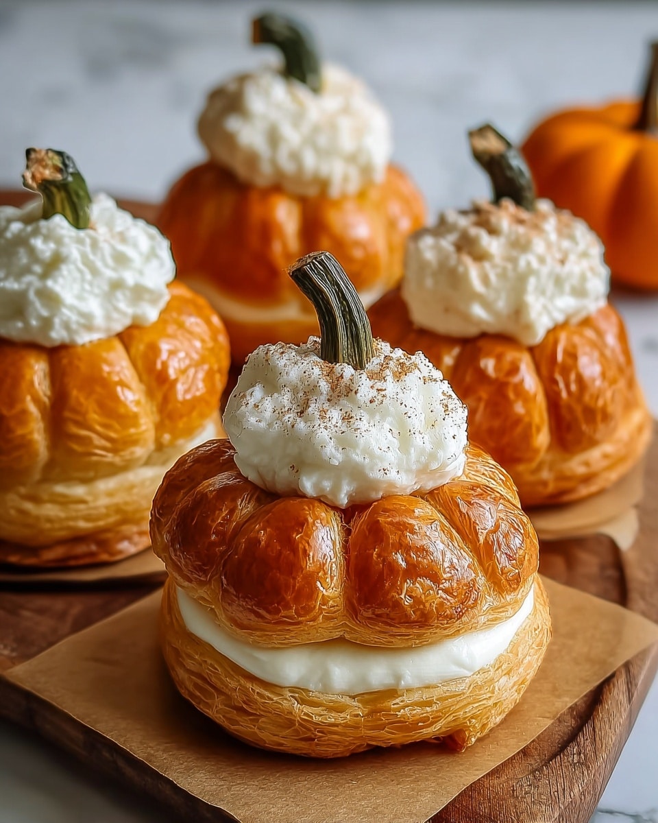 The image shows four small pumpkin-shaped pastries arranged on a wooden tray set on a white marbled surface. Each pastry has three visible layers: the bottom layer is a golden, flaky puff pastry forming the base, the middle layer is a thick mound of white cream filling, and the top layer is a rounded, orange, glossy puff pastry shaped like a pumpkin with deep ridges. On top of each pastry sits a swirl of white whipped cream dusted lightly with brown spice, with a short pumpkin stem placed upright in the center of the whipped cream. Photo taken with an iphone --ar 4:5 --v 7