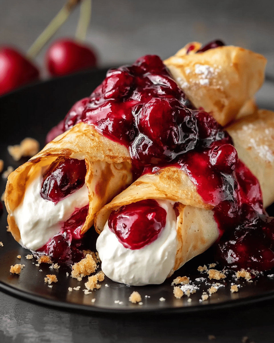 Two golden-brown crepes are rolled into cones with a smooth, creamy white filling inside each. Bright red cherry sauce with whole cherries and a thick syrupy texture is generously drizzled over the crepes, some spilling onto the black plate beneath. Small crumbs are scattered around the crepes on the plate, and in the blurred background, two whole red cherries add depth. The surface is a white marbled texture. photo taken with an iphone --ar 4:5 --v 7