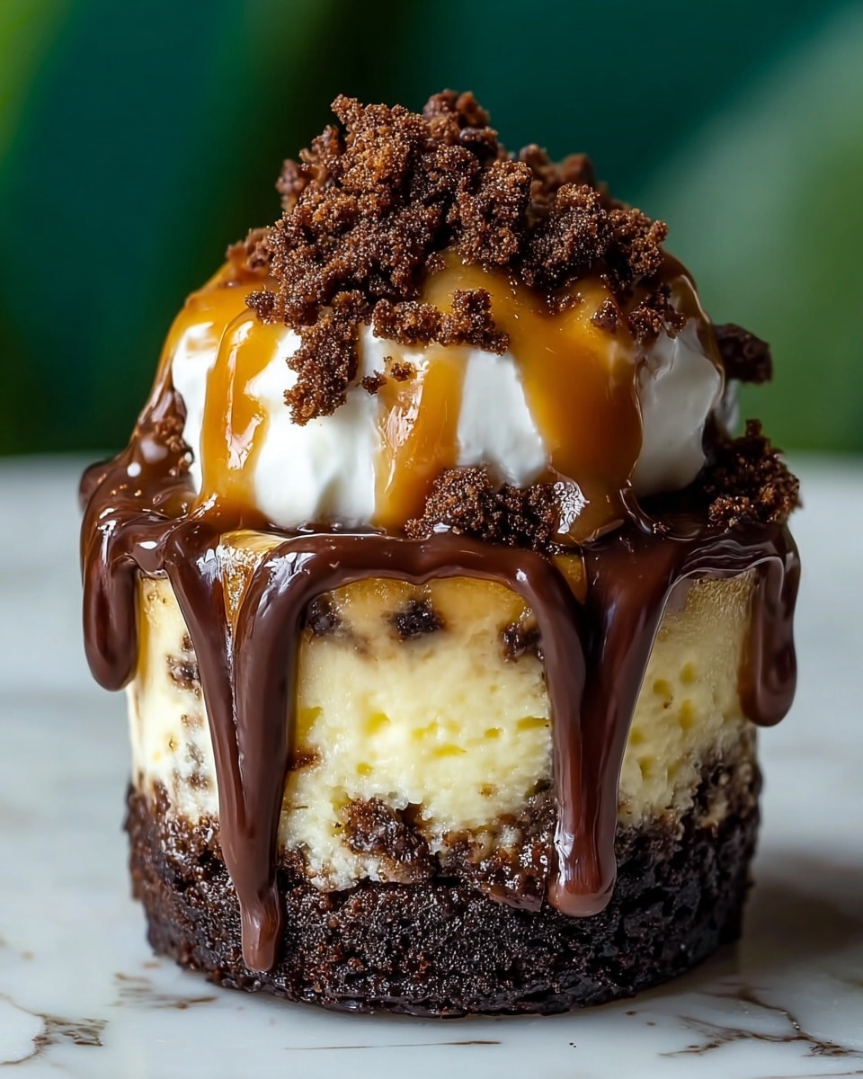 The image shows a close-up of a dessert with four visible layers. The bottom layer is a thick, dark black crumbly crust, followed by a dense, dark brown cake layer above it. On top of this cake layer sits a smooth, creamy pale yellow layer with some slight browning on the edges. Above this creamy layer, there is a swirl of white whipped cream, drizzled generously with dark chocolate syrup and caramel sauce. The dessert is topped with crunchy chunks of dark brown crumbled cookie pieces. The background is a blurred natural green, and the dessert is placed on a white plate resting on a white marbled surface. photo taken with an iphone --ar 4:5 --v 7