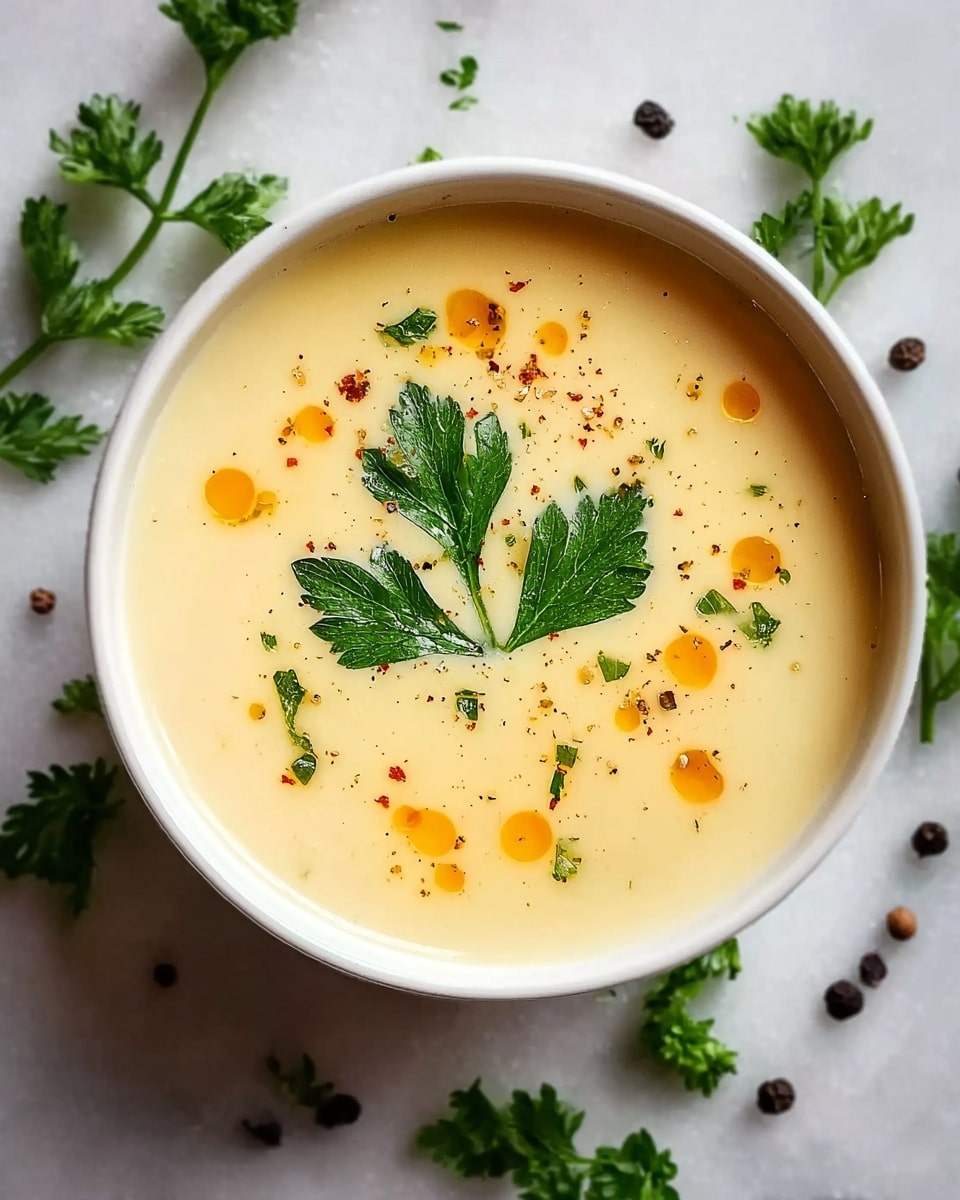The image shows a white bowl filled with creamy, pale yellow soup. The smooth surface of the soup is decorated with small black pepper pieces, a drizzle of golden oil, and a fresh green parsley leaf placed in the center. The bowl is set on a white marbled surface with scattered parsley leaves around it. The overall look is fresh and inviting. photo taken with an iphone --ar 4:5 --v 7