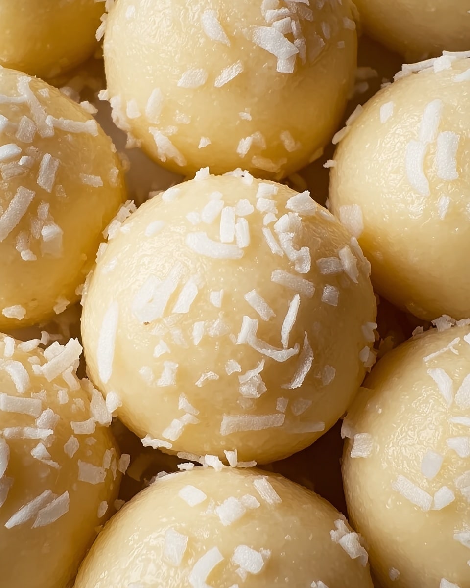 The image shows round, creamy yellow balls with a smooth and shiny surface, covered lightly with small white flakes that look like coconut shreds. Each ball is tightly packed close to each other, giving a dense and soft appearance with a delicate texture. The lighting highlights the glossy finish, making the coconut flakes stand out against the yellow background. The balls appear moist and rich, arranged in a pile on a white marbled surface. photo taken with an iphone --ar 4:5 --v 7