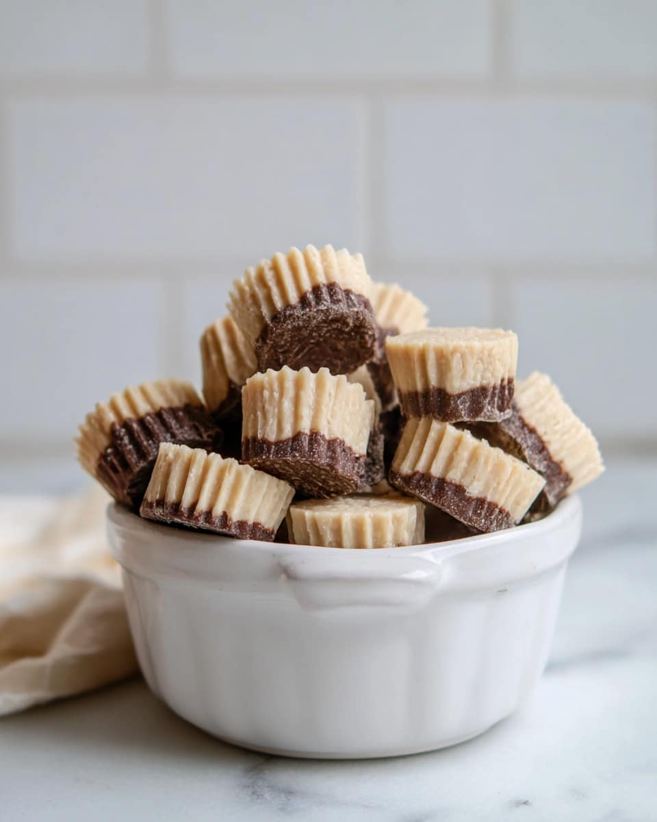 The image shows a white bowl filled with small, round, ribbed treats that have two layers: a creamy beige bottom layer with a smooth, slightly grainy texture and a half-thick dark brown chocolate top layer that looks glossy and slightly uneven. The treats are stacked casually inside the bowl with some leaning on each other, creating an inviting, homemade look. The background is a soft white marbled texture, adding a clean and fresh feeling to the scene. photo taken with an iphone --ar 4:5 --v 7