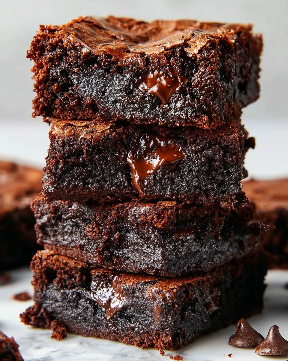 The image shows a close-up of four thick, square-shaped brownies stacked on top of each other. Each brownie has a rich, dark brown color with a moist, fudgy texture and slightly cracked surface. Visible melted chocolate chunks are spread throughout each layer, adding gooey highlights. The brownies sit on a white marbled surface, with a few chocolate chips scattered around them. The stack looks dense and soft, with the top brownie cracked open slightly to reveal its moist inside. photo taken with an iphone --ar 4:5 --v 7