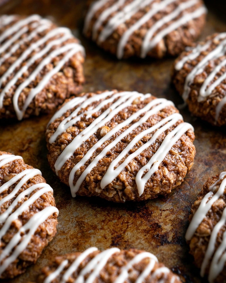 The image shows several oatmeal cookies arranged on a dark baking tray with a white marbled texture in the background. Each cookie is round with a rough, grainy texture from the oats, a golden brown color with darker specks, and topped with thin, white zigzag lines of icing. One cookie at the center is broken in half, revealing a soft, slightly crumbly inside with visible oats. The cookies look thick and chewy with a slightly uneven surface photo taken with an iphone --ar 4:5 --v 7