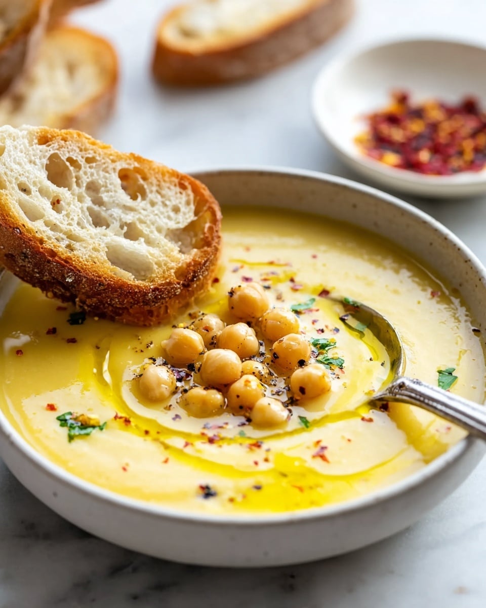 Two white bowls filled with thick, creamy beige soup are placed on a white marbled surface. The soup has large, soft-looking chickpeas floating on top, along with scattered bright green chopped herbs. There are small drops of golden olive oil creating shiny patches on the surface, and some crushed red pepper flakes add a touch of red color and texture. A small toasted bread piece with a golden-brown crust is partially submerged in one bowl. The lighting highlights the smooth, rich texture of the soup and the freshness of the garnish. Photo taken with an iphone --ar 4:5 --v 7