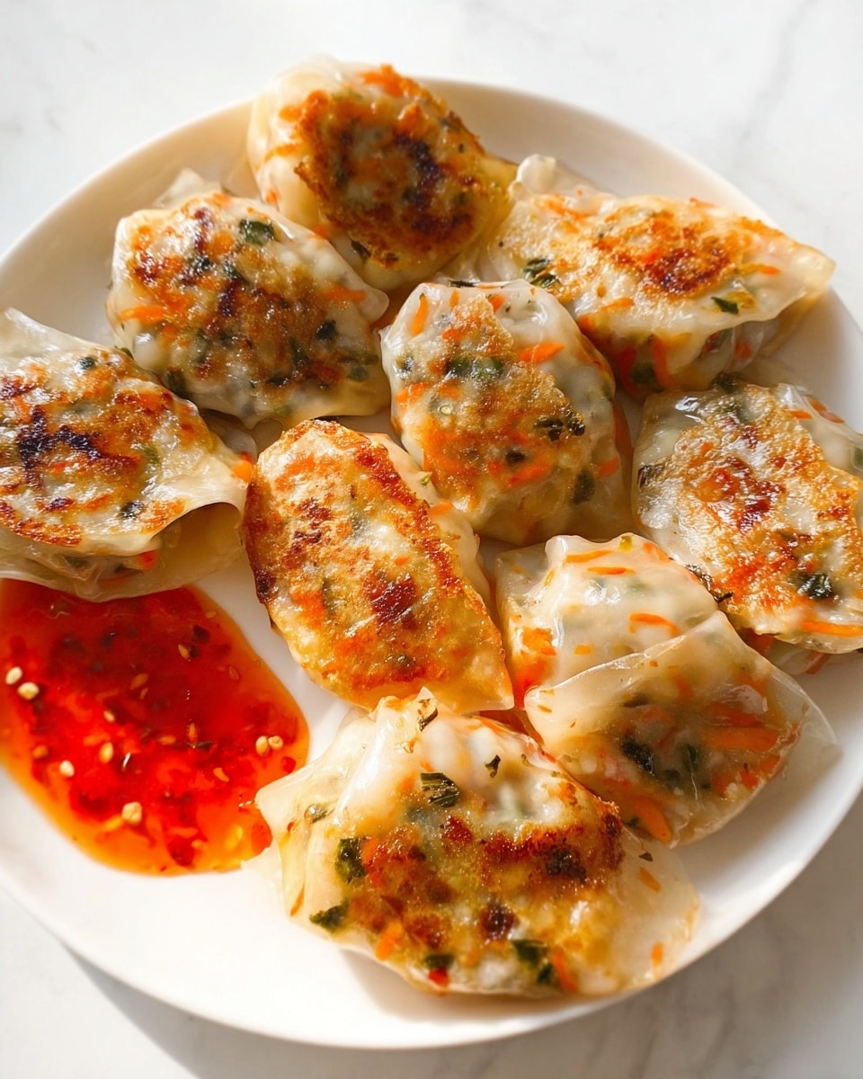 A white plate holds seven pan-fried dumplings with a golden brown, crispy outer layer on top and sides, showing some small charred spots. The dumplings are slightly translucent, revealing an orange, green, and white vegetable filling inside. Near the edge of the plate, there is a small pool of bright red dipping sauce. The plate is set on a white marbled surface. photo taken with an iphone --ar 4:5 --v 7