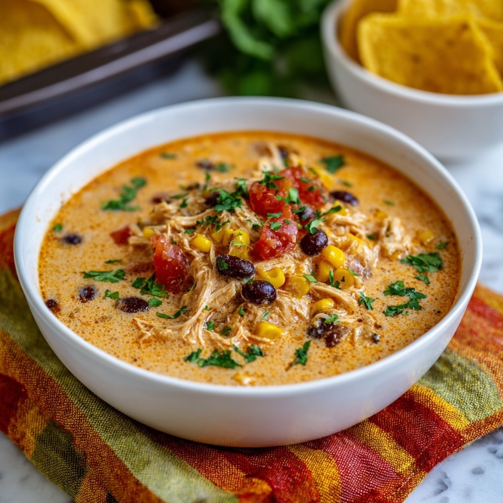 A white bowl filled with creamy chili that has a light orange color, topped with shredded chicken, black beans, small chunks of red tomato, and bits of yellow corn. The chili is garnished with small green parsley pieces spread on top. The bowl is placed on a folded striped cloth with orange, yellow, and green tones. In the background, there are tortilla chips in a white bowl and some yellow corn tortillas in a dark baking pan. The whole scene sits on a white marbled surface. Photo taken with an iphone --ar 4:5 --v 7