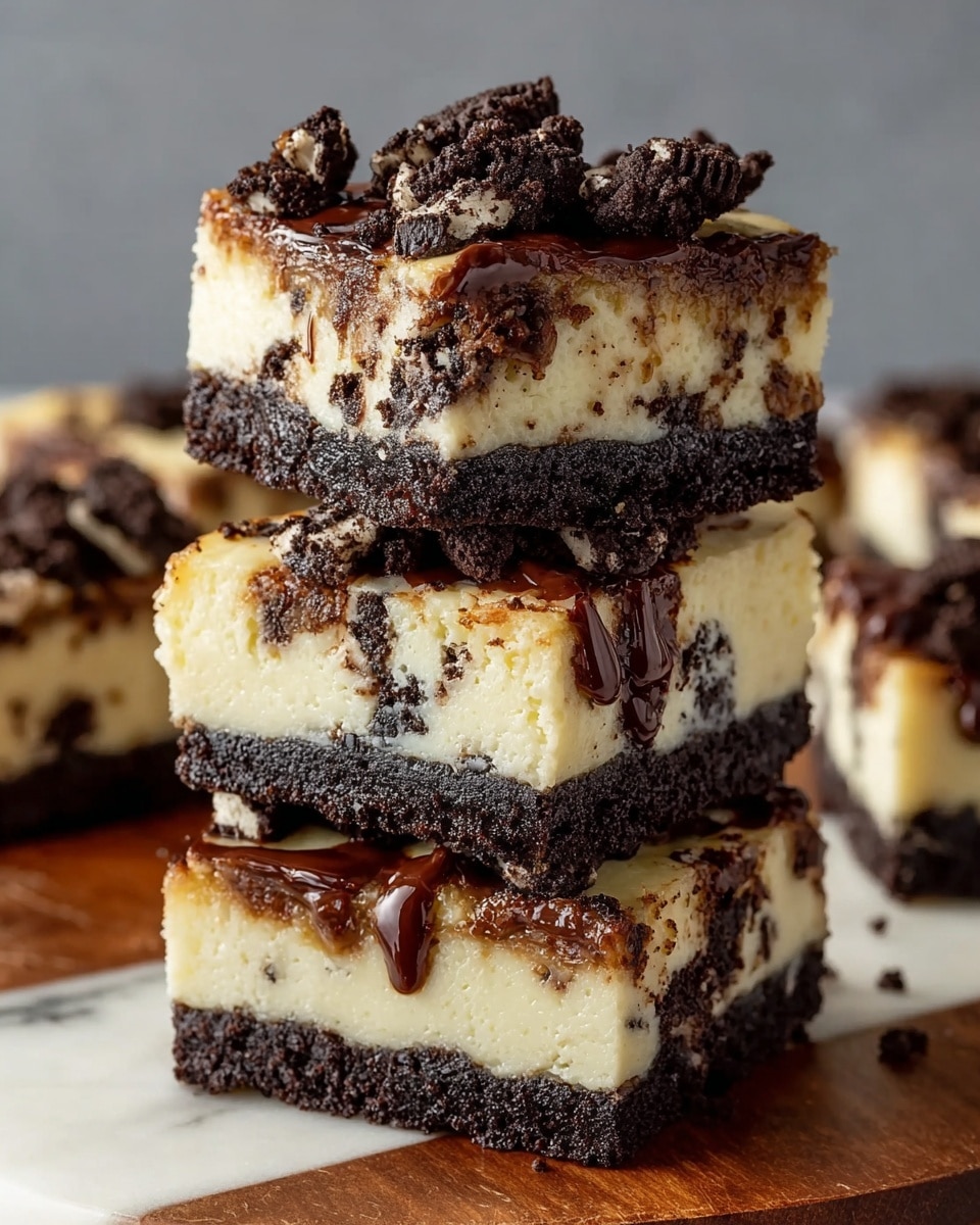 A stack of three layered dessert bars sits on a wooden board with a white marbled background. Each bar has a dark chocolate cookie base, dense and crumbly, about one third of the height. Above this is a thick, creamy white cheesecake layer mixed with small chocolate cookie chunks. The top layer is decorated with chunks of crumbled chocolate cookies and smooth, glossy dark chocolate drizzles, adding texture and richness. The bars are neatly cut into squares, showing clean edges and contrasting dark and light layers clearly. Photo taken with an iphone --ar 4:5 --v 7
