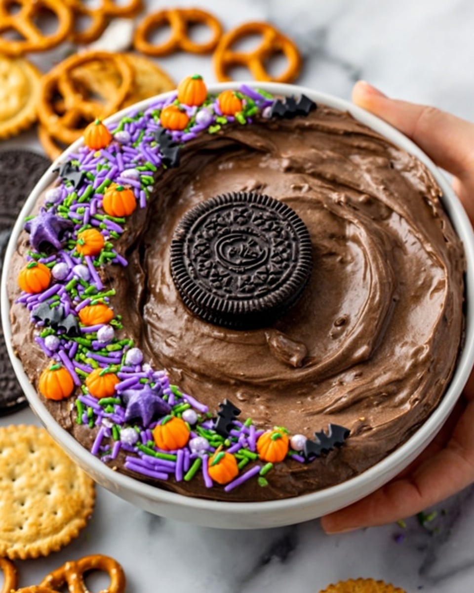 A white bowl filled with smooth, thick chocolate mousse, swirled gently in the center. One whole black and white sandwich cookie is placed in the middle of the mousse. On the right side of the bowl, there is a neat line of colorful Halloween-themed sprinkles, including orange, purple, and green pieces shaped like pumpkins and bats. The bowl is set on a white marbled surface. Photo taken with an iphone --ar 4:5 --v 7