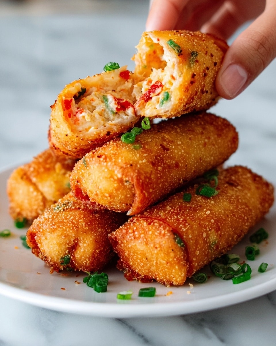 A white plate with five golden brown crispy spring rolls stacked on top of each other, showing a crunchy texture with fine bubbles on the outer layer. One spring roll is held by a woman's hand at the top, revealing the inside filled with a creamy mixture that has white, red, and green bits, indicating vegetables and cheese. Small green chopped chives are scattered over the spring rolls and plate, adding a fresh touch. The background is a white marbled surface, with soft natural lighting highlighting the crunchy texture of the rolls. Photo taken with an iphone --ar 4:5 --v 7