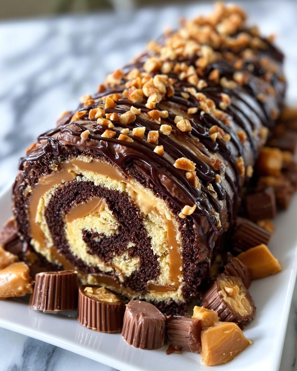 A close-up image of a chocolate roll cake with visible layers of yellow sponge cake and swirl of caramel and chocolate filling inside. The outside is covered with dark chocolate drizzle and small pieces of nuts on top. Around the cake, there are miniature peanut butter cups cut and placed decoratively. The cake sits on a white plate on a white marbled surface. Photo taken with an iphone --ar 4:5 --v 7
