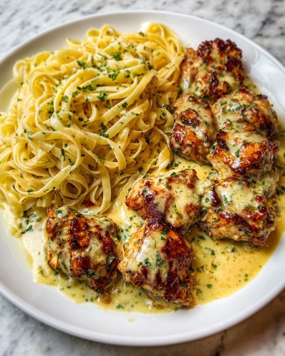 The image shows a white plate with two main parts: on one side, there is a large serving of creamy spaghetti pasta, pale yellow in color, topped with finely chopped green herbs scattered evenly. On the other side, there are seven pieces of browned, grilled chicken wings arranged close together, covered in a light tan creamy sauce with herbs mixed in, creating a rich texture contrast. The plate sits on a white marbled surface. Photo taken with an iphone --ar 4:5 --v 7