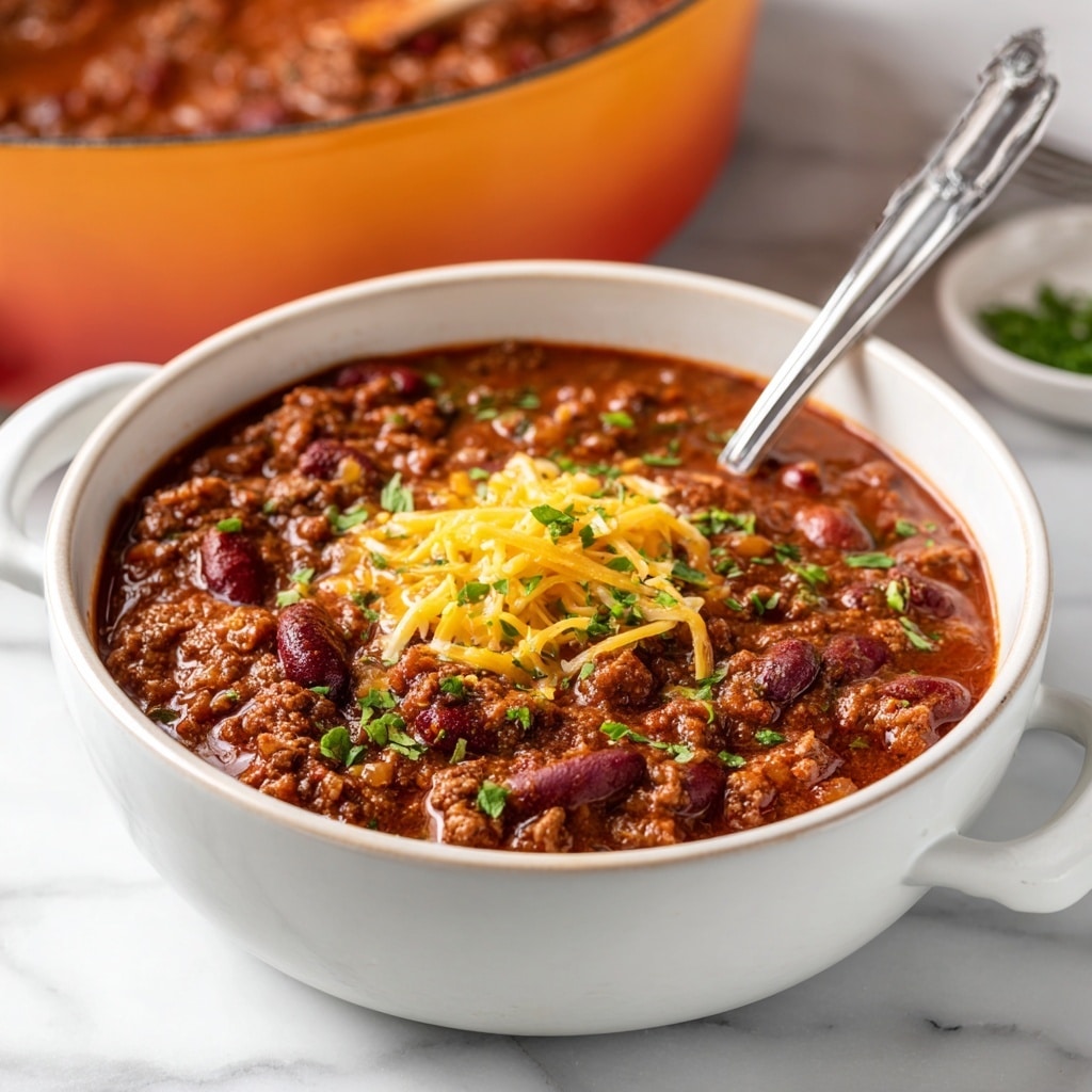 A close-up top view of a large red pot filled with thick chili, showing layers of dark red kidney beans and browned ground meat mixed in a rich, chunky red sauce, sitting on a white marbled textured surface. Next to the pot, there are three square pieces of golden cornbread with a slightly crispy crust, arranged partially in a white tray and on the surface. One piece of cornbread is slightly separated from the group, revealing its soft, grainy texture inside. photo taken with an iphone --ar 4:5 --v 7