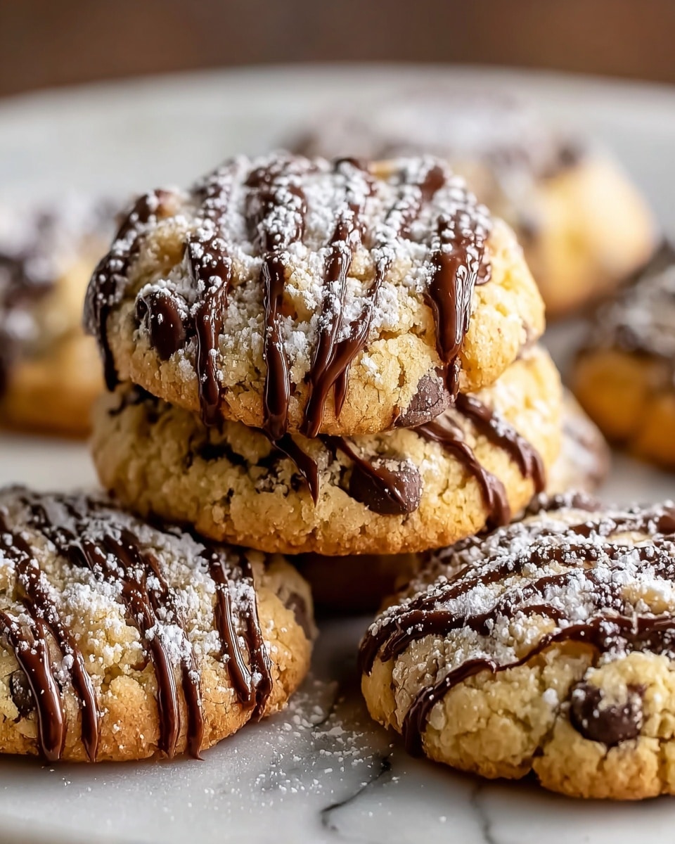 A close-up view of a stack of soft, round cookies with a light golden color, speckled with dark chocolate chips. Each cookie has a drizzle of rich, dark chocolate on top, shown as thin curved lines. The cookies are sprinkled with white powdered sugar, adding a snowy texture covering the tops unevenly. They rest on a smooth white plate with the blurred effect of more cookies in the background. The photo has a warm, cozy feel with the white marbled surface barely visible around the plate. Photo taken with an iphone --ar 4:5 --v 7