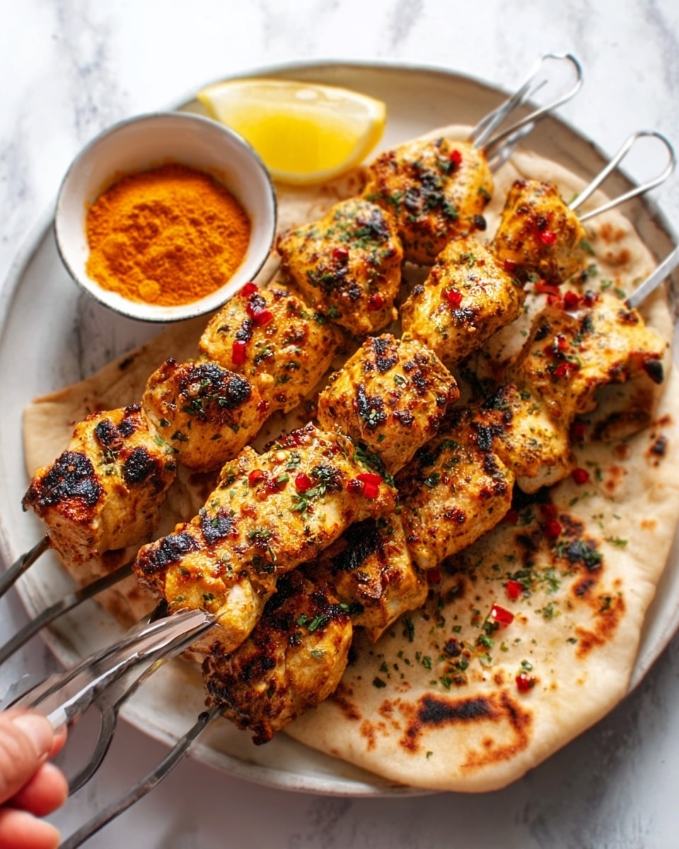 The image shows three grilled chicken skewers placed on a round white plate. The chicken pieces are golden brown with char marks and sprinkled with green herbs and red chili flakes. In the background, there is a small white bowl filled with orange spice powder and a bright yellow lemon slice on the plate's edge. The plate is set on a white marbled surface. photo taken with an iphone --ar 4:5 --v 7