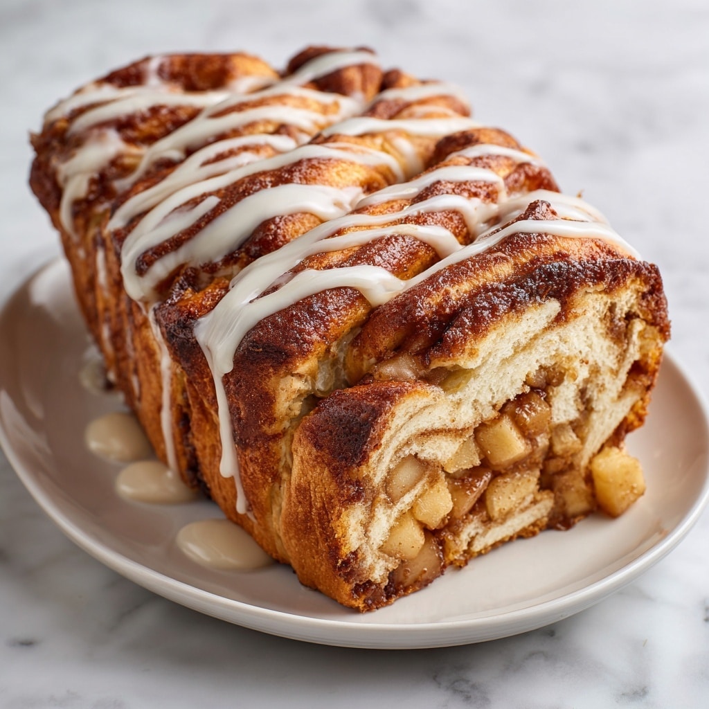 A close-up view of a multi-layered pull-apart cinnamon roll loaf with about six visible twisted layers, each layer showing soft, light brown dough with a slightly golden crust. Between the layers are chunky pieces of cooked apple and a mix of cinnamon and sugar, giving a darker brown and slightly glossy texture inside. The top of the loaf is drizzled with a smooth, white icing that flows slightly down the sides, adding a glossy touch. A piece has been pulled off from the front, revealing the soft, fluffy inside contrasted with the firmer, caramelized outer edges. The dish is set on a white plate placed on a white marbled surface. photo taken with an iphone --ar 4:5 --v 7
