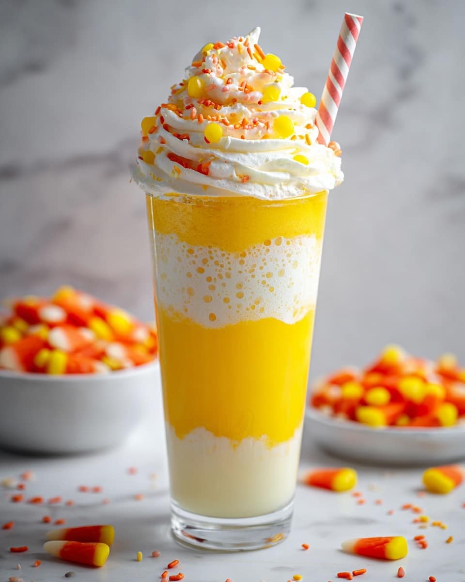 A tall clear glass holds a layered drink with five visible layers, starting at the bottom with a bright orange layer, followed by a smooth creamy white layer, then a vibrant yellow layer, above that a slightly textured orange layer, and topped with a thick white frothy layer. The drink is crowned with a large swirl of white whipped cream, decorated with small yellow candy pieces and finely crushed orange sprinkles. A white straw with red stripes is inserted into the whipped cream. The glass sits on a white marbled surface with scattered orange and yellow candy pieces and red sprinkles around it, with a blurred white bowl of candy in the background. photo taken with an iphone --ar 4:5 --v 7