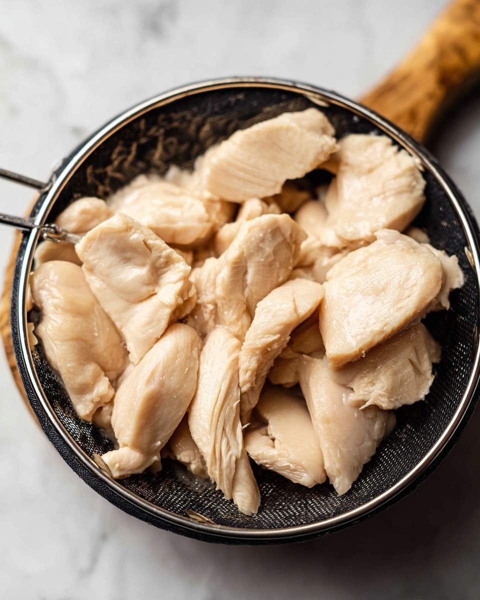 A close-up of a black wire skimmer holding several pieces of pale beige cooked chicken. The chicken pieces vary in size and shape, showing smooth, slightly shiny textures typical of boiled or poached meat. The background is a white marbled texture, giving a clean, bright contrast to the light-colored chicken in the basket. The skimmer's wooden handle is partly visible in the top right corner. photo taken with an iphone --ar 4:5 --v 7