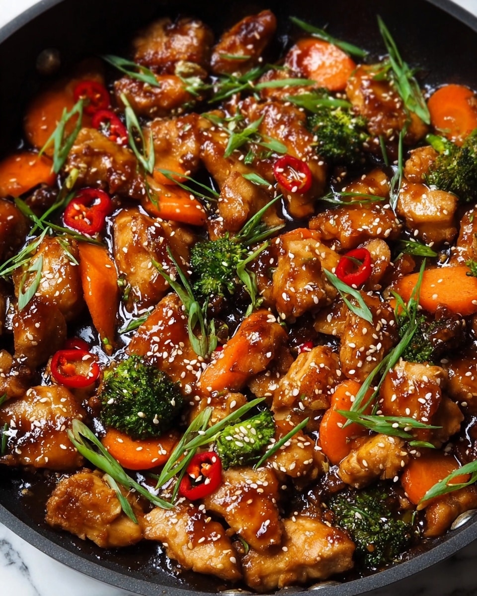 The dish shows many pieces of cooked chicken with a shiny, brown caramelized surface, mixed with bright green chopped spring onions, small orange carrot slices, soft translucent cooked onion pieces, and dark green broccoli florets, all covered in a sticky dark sauce. A yellow lemon wedge is placed at the back of the dish, which is served in a round white bowl on a white marbled surface. The chicken pieces are chunky and coated with visible black pepper and spices, giving the dish a rich look. photo taken with an iphone --ar 4:5 --v 7