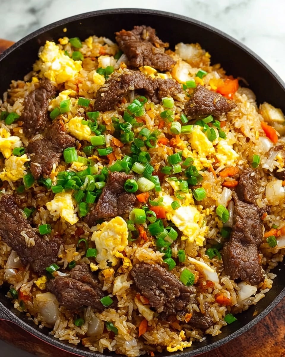 A close-up of a black skillet filled with fried rice, showing three main layers: the base layer is light brown cooked rice mixed with small pieces of orange carrot and translucent white onion, the second layer contains browned pieces of beef scattered evenly, and the top layer is bright yellow scrambled eggs and vibrant green chopped scallions spread over the dish, all sitting on a white marbled surface. photo taken with an iphone --ar 4:5 --v 7