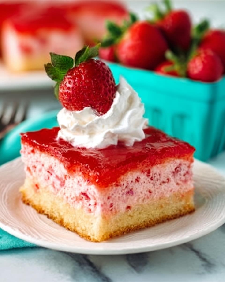 A white plate holds a square piece of pink and red strawberry cake with a slightly rough texture. The cake has a light pink base layer with a red strawberry glaze on top, giving a shiny, wet look. On top, there is a small white dollop of whipped cream, soft and fluffy in texture. A fresh red strawberry with green leaves is placed at the side of the whipped cream. In the background, a blue container filled with whole strawberries adds more color. The setting is on a white marbled surface. Photo taken with an iphone --ar 4:5 --v 7