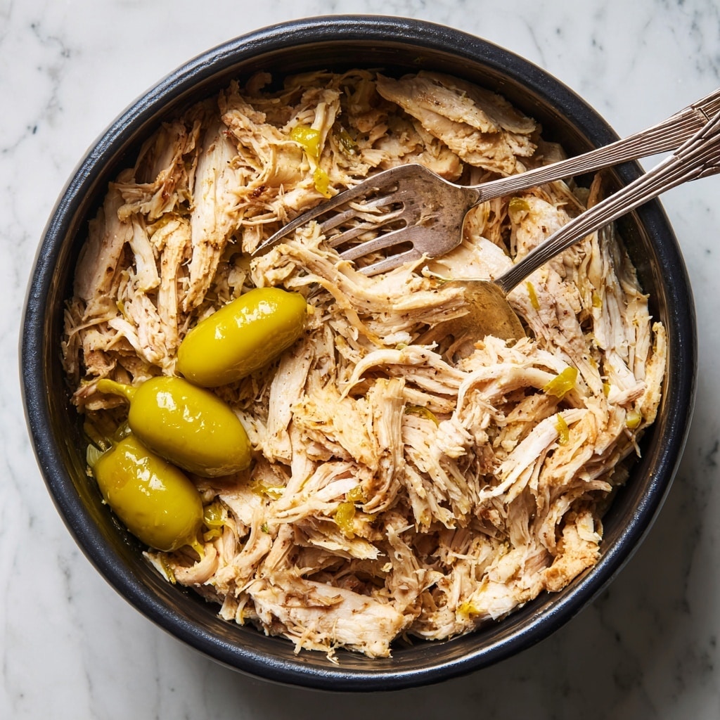 A close-up view of a large pot filled with shredded cooked chicken that is light brown with some darker brown edges, showing a moist and tender texture. On top of the chicken, there are three whole yellow-green peppers spaced apart. Two old-fashioned silver forks are stuck into the chicken in the middle of the pot, lifting some of the meat. The pot's black interior contrasts with the soft, fibrous chicken inside. The photo is taken on a white marbled surface. photo taken with an iphone --ar 4:5 --v 7